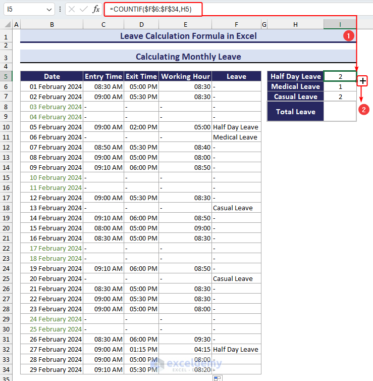 Leave calculation formula in Excel using COUNTIF function
