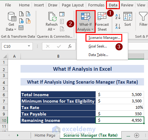 Selecting Scenario Manager for What If Analysis Excel