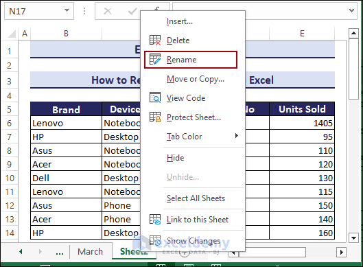 Selection of the Rename option from the Context menu