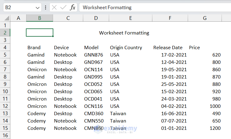 Worksheet Title displayed in center of the selected cells