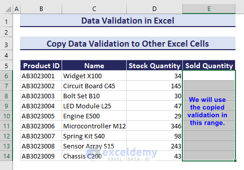 Data set to copy Data Validation in Excel