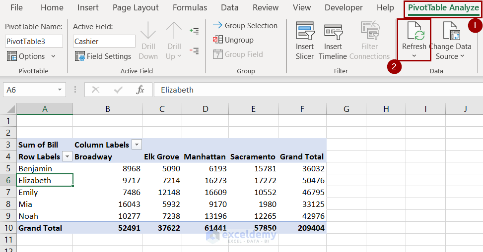 refresh option for pivot table in the ribbon