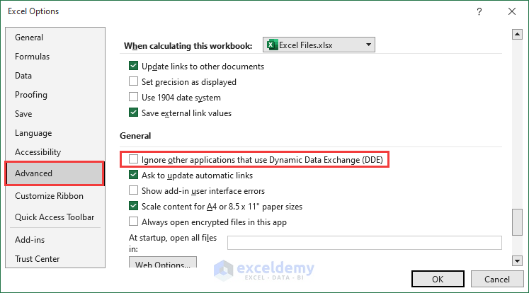 Unchecking advanced excel option