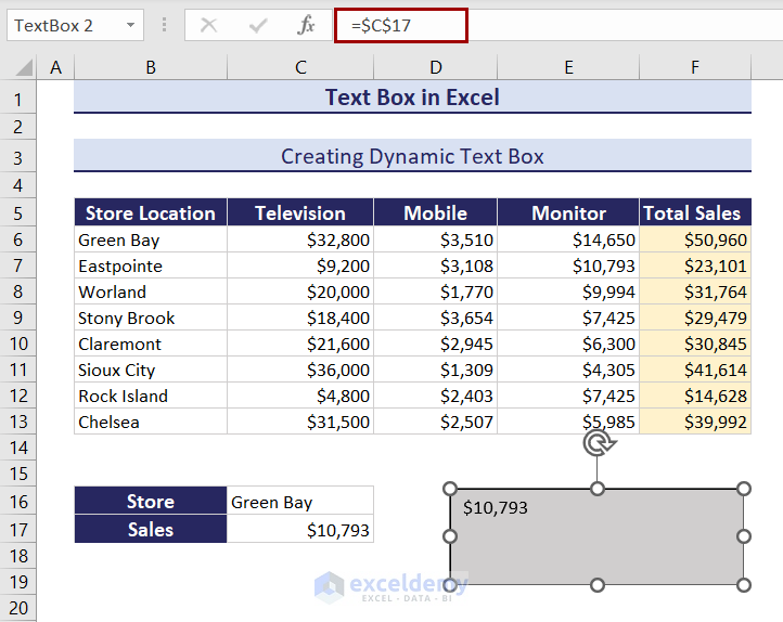 dynamic box showing cell values