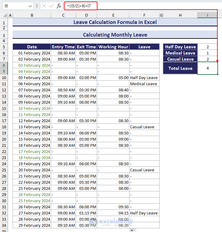 Calculating total monthly leave in Excel