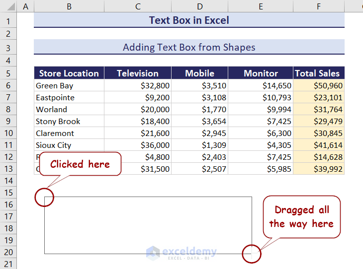 dragging text box in spreadsheet
