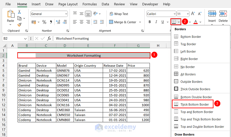 Applying Thick Bottom Border to Worksheet Title