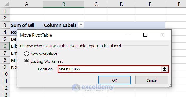 selecting new location to move the pivot table to