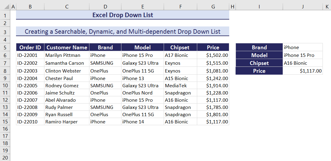 Final Output of Creating a Searchable, Dynamic, and Multi-dependent Drop Down List