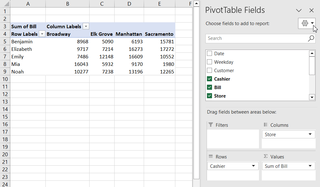 changing pivot table field list view