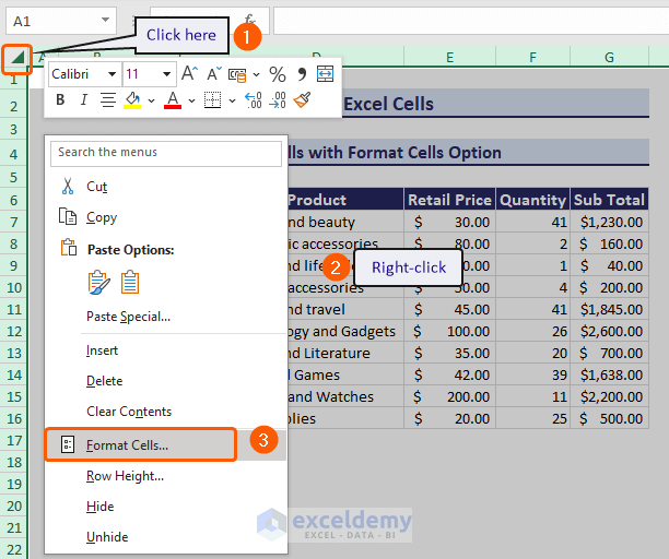 Format Cells option from right click