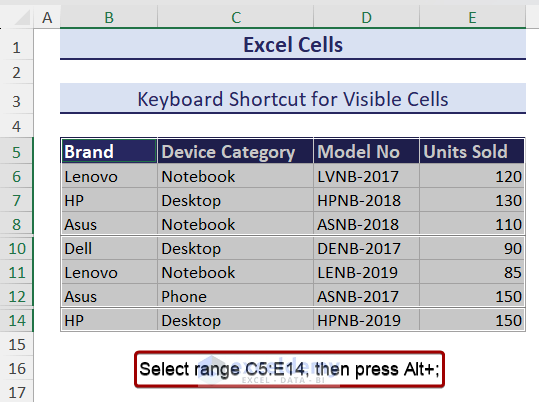 Select visible cells using keyboard shortcut