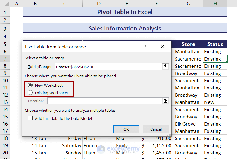 selecting location for pivot table