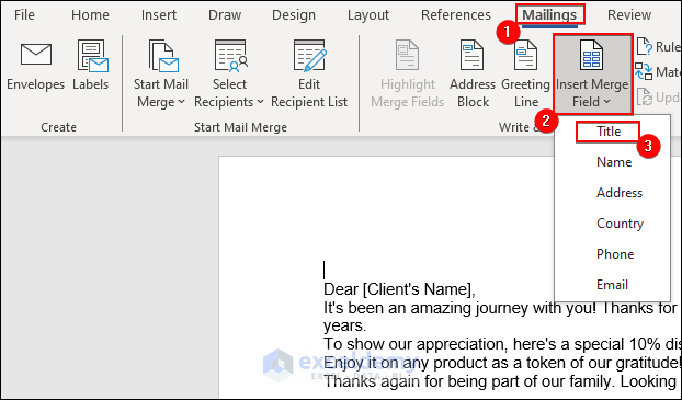 Clicking on Insert Merge Field for Mail Merge