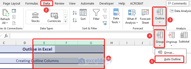 Creating Outline of Columns in Excel