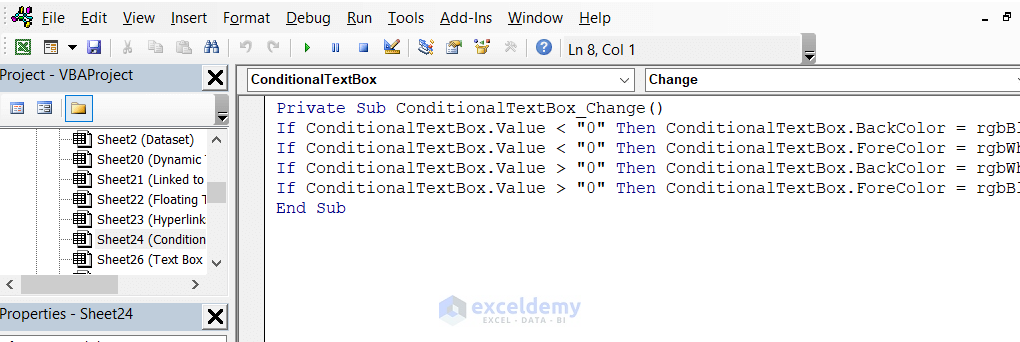 vba code for text box with conditional formatting in module