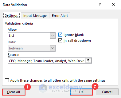  Clicking on Clear All in the Data Validation Dialogue Box