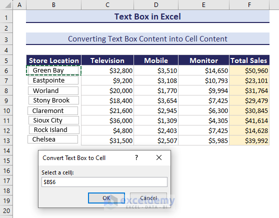 selecting a text box to covert to cell