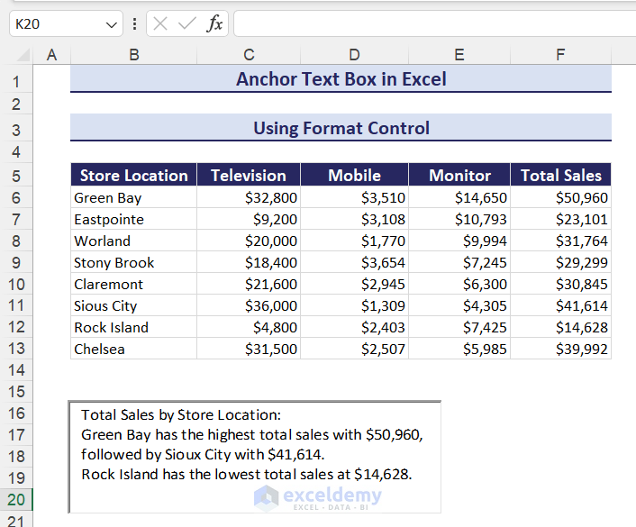 Dataset to anchor text box in excel