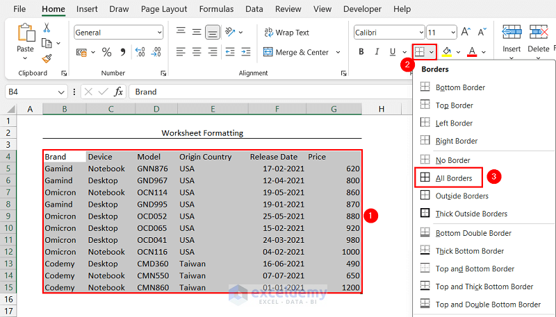 Applying All Border Command in Data Range