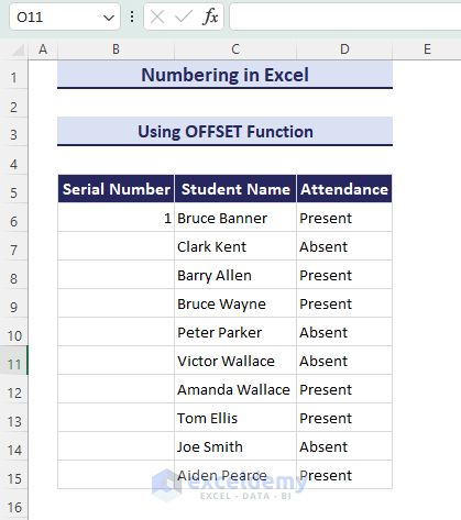 10.Dataset for numbering using OFFSET function
