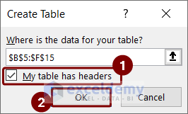 Check My table has headers option and press ok