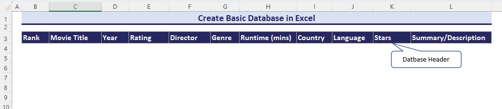 Adding database header in excel