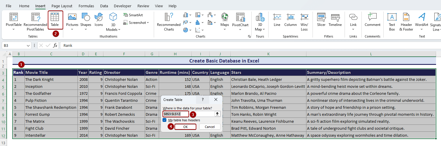 Creating Excel table