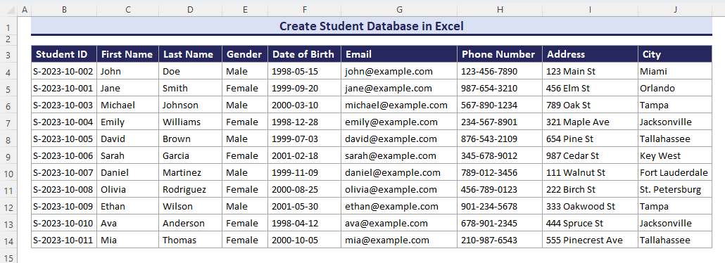 Creating student database in Excel