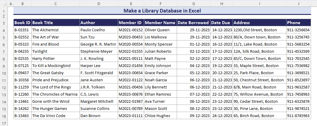 Creating library database in Excel