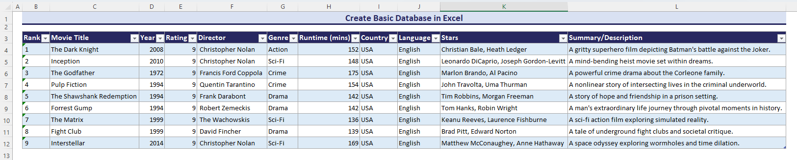 Creating basic database in Excel