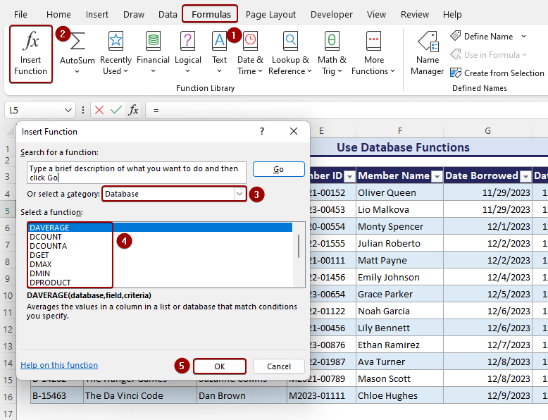 Selecting Database function in Excel