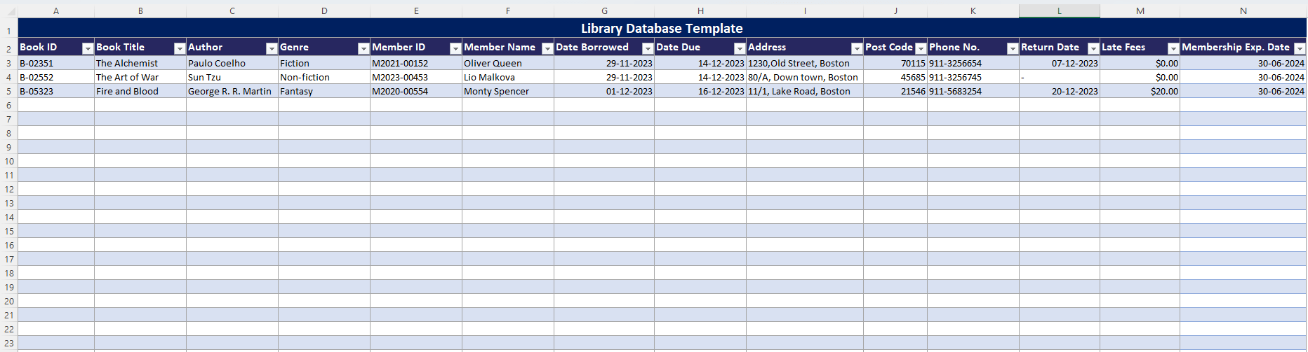 Excel Library Database free template