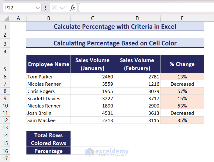 Dataset for Calculating Percentage Based on Cell Color Criteria in Excel