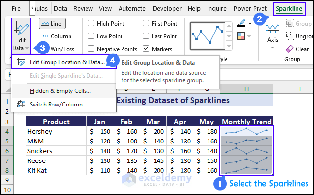 edit sparklines in Excel
