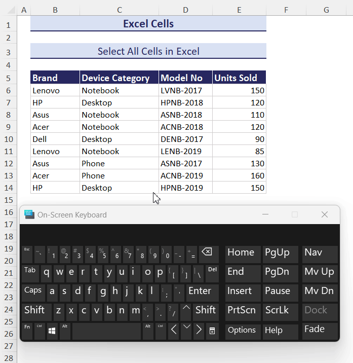 Select all cells using Keyboard shortcut