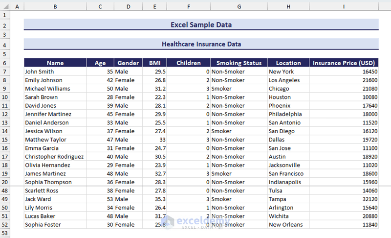 Healthcare Insurance Data Sample in Excel