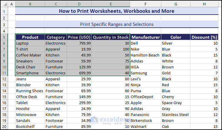 selected range in worksheet