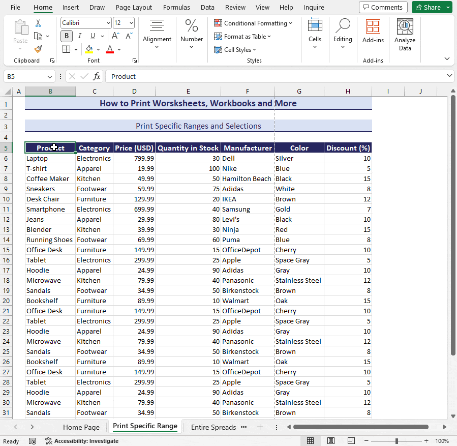 print selection in Excel