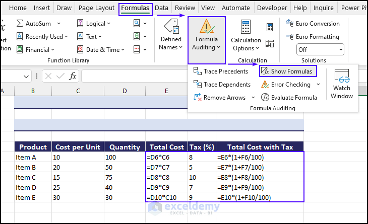 print formulas in Excel