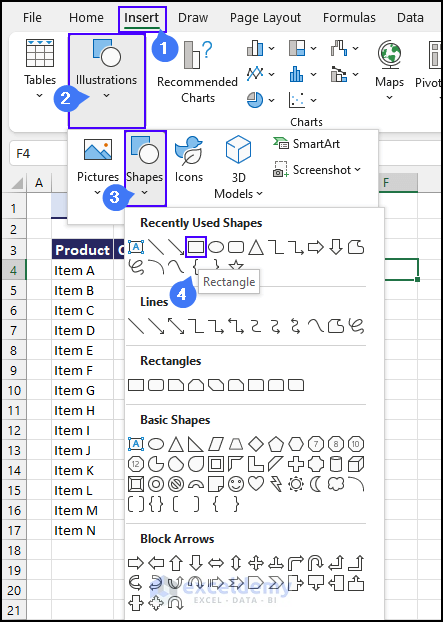 selecting shape from insert tab