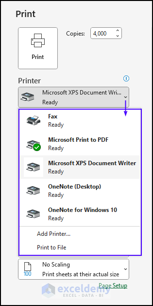 how to select printer in Excel