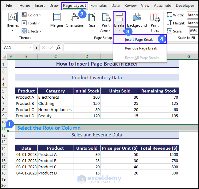 how to insert page break in Excel