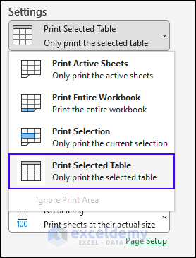 print selected table
