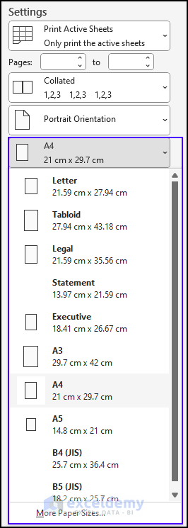 available paper size in Excel