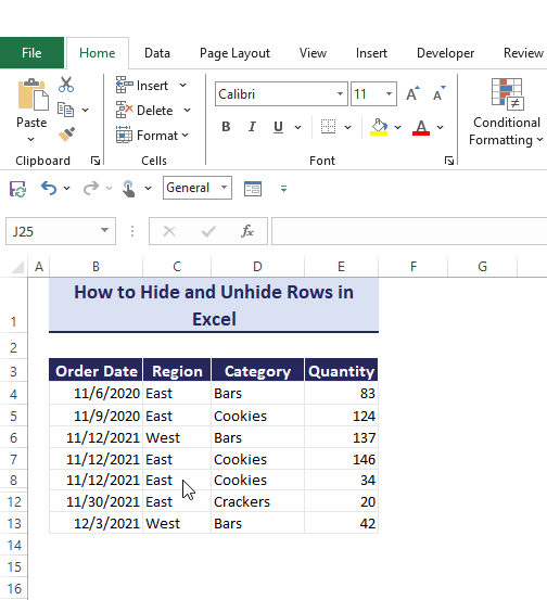 Unhide rows in Excel