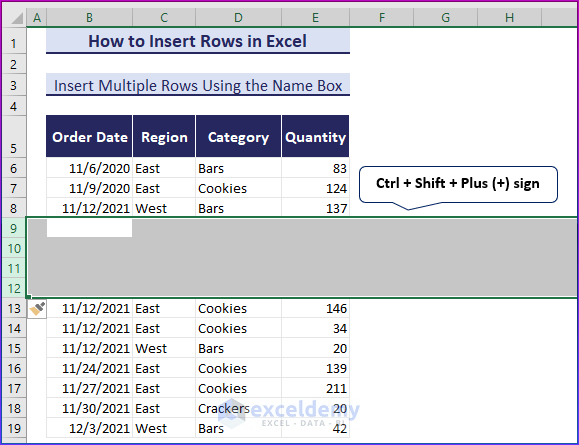Insert Multiple Rows Using the Name Box