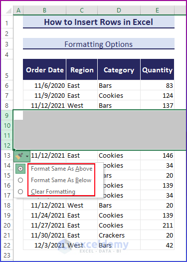 Formatting Options Appearing After Inserting New Row in Excel