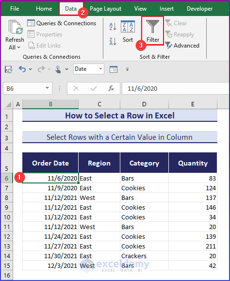 Click on the Filter Tool in the Data tab