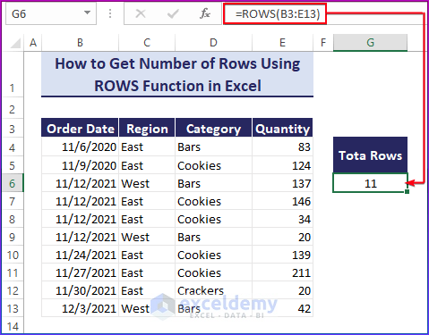 Get Number of Rows Using ROWS Function in Excel
